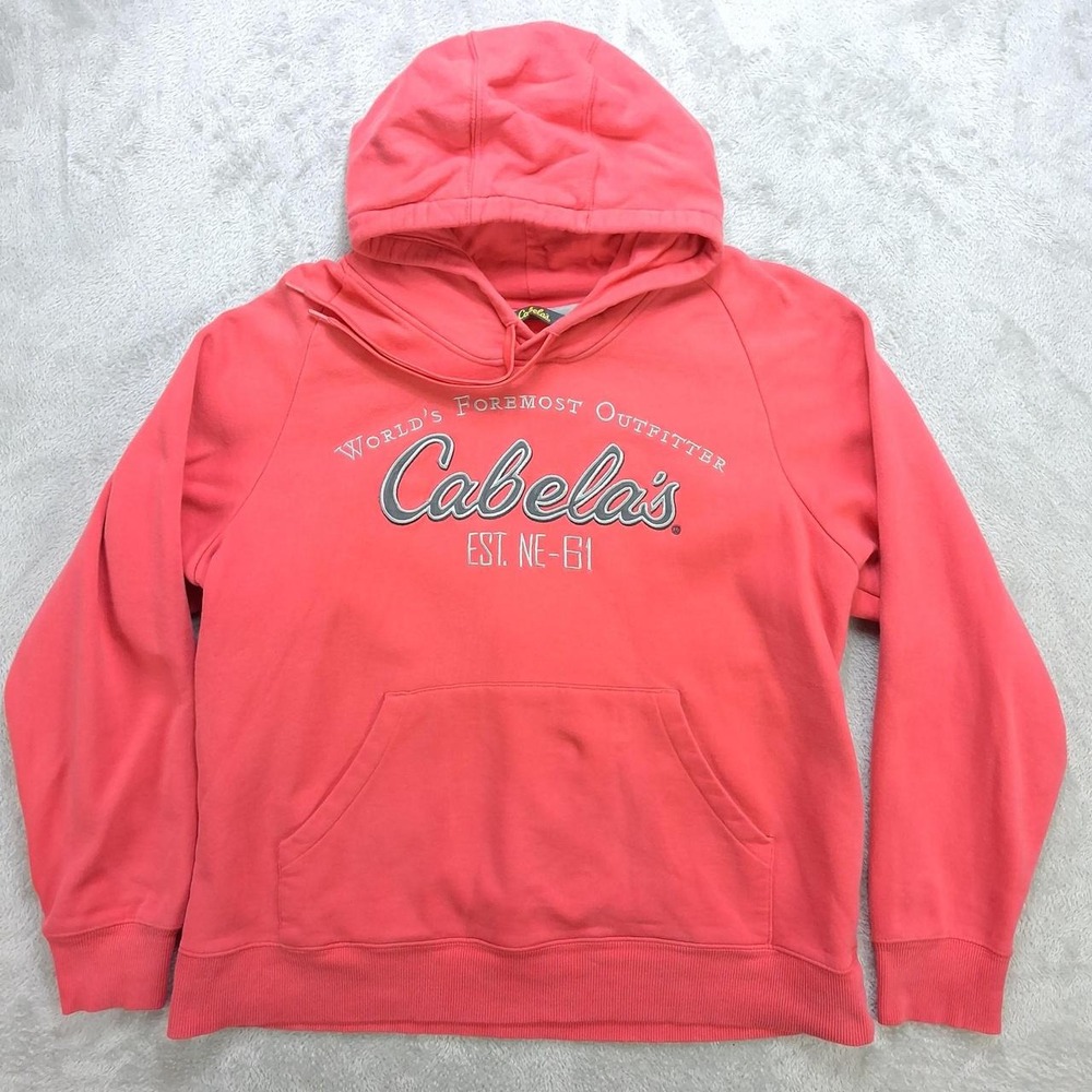 Cabelas Mens XL Red Pullover Hoodie Worlds Foremost Outfitter Graphic Sweatshirt